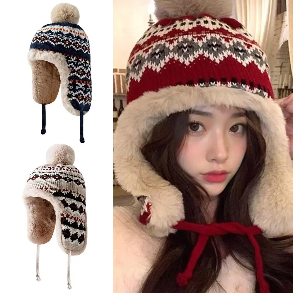 

1PC Windproof Ear Protection Knitted Hat Fashion Winter Mongolian Hat For Women Plush Skiing Cycling Warm Hat Ethnic Style Hat