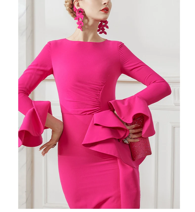 fashion popular factory direct selling original three-dimensional ruffles slim fit hot pink bell sleeve stretch  dress