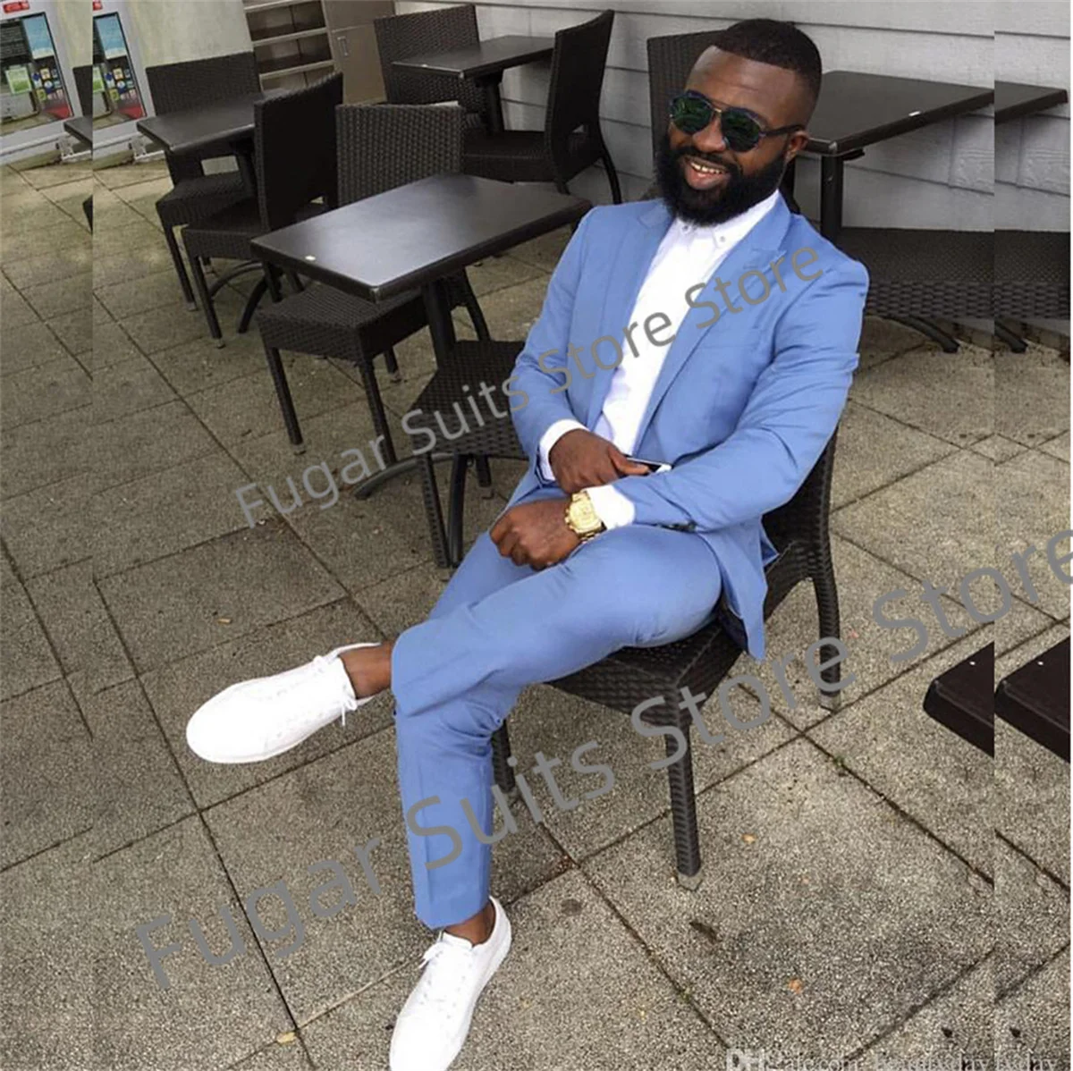 Luxuly Sky Blue Wedding Men Suits Slim Fit Peaked Lapel Groom Formal Tuxedos  Prom 2 Pieces Sets Business Male Costume Homme