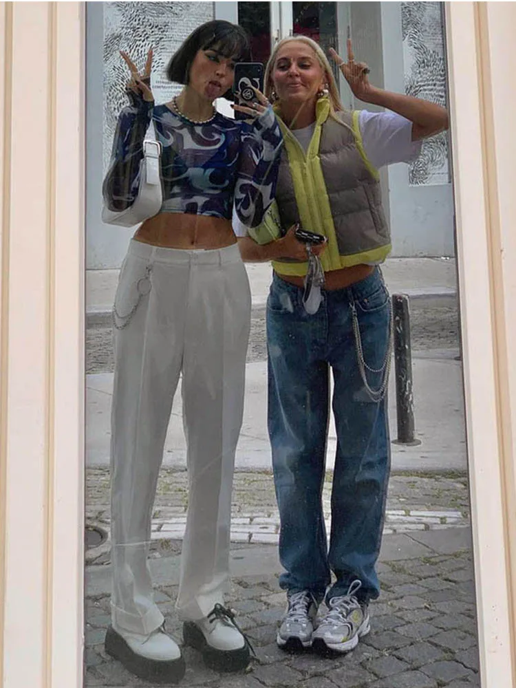 Top corto in rete femminile alla moda con stampa trasparente girocollo T-shirt a maniche lunghe Pullover Top sexy Y2K Harajuku Streetwear