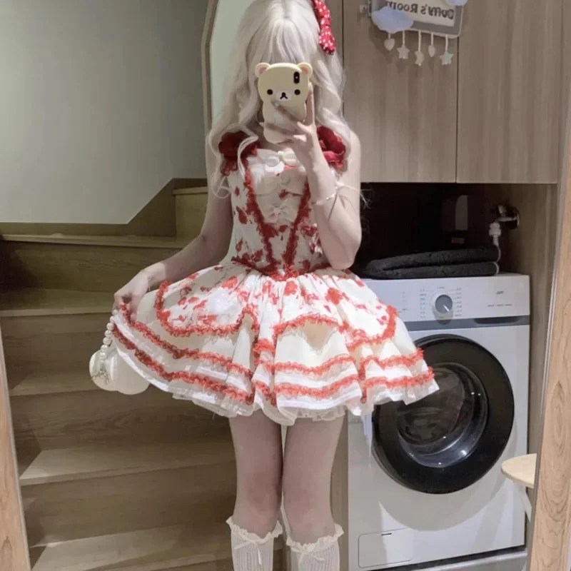 Sukienki Lolita z Kokardą i Kwiatami Y2K Gorset Fairycore Koronka JK Fioletowe Bez Rękawów Vintage Księżniczka Cosplay Strój Dziewczęce Sukienki w Kształcie Litery A Nowe
