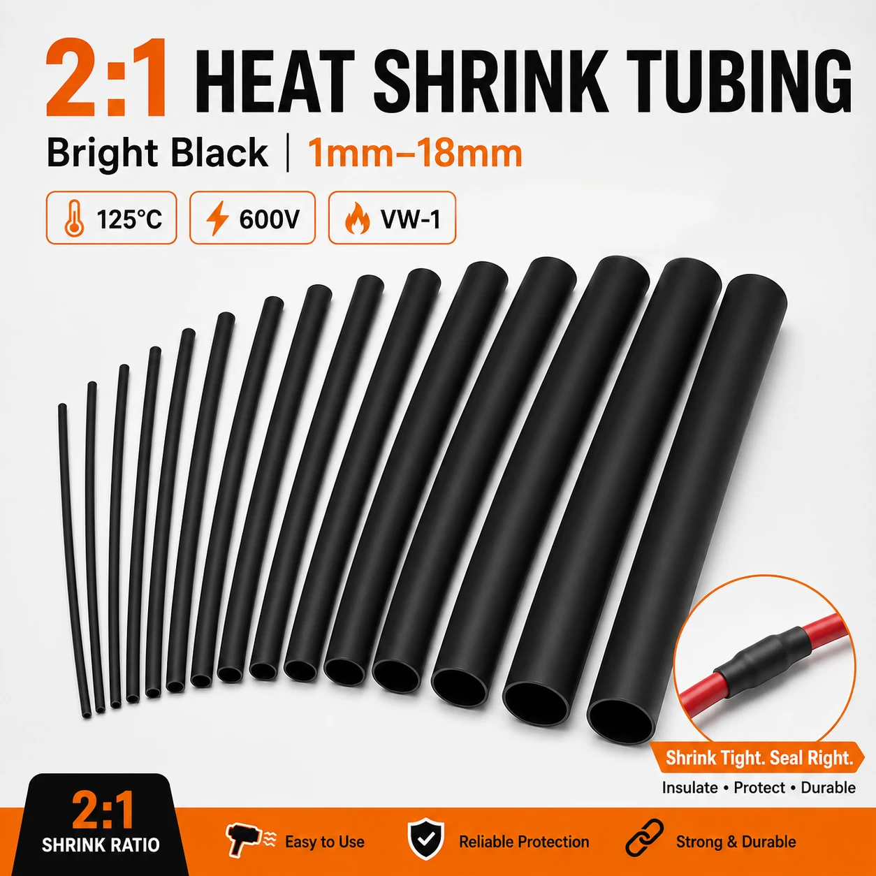 3-10M 2:1 Heat Shrink Tube 1-18mm Black, Electrical Wire Cable Insulation Sleeve for DIY Repair, Shrink Wrap Tubing