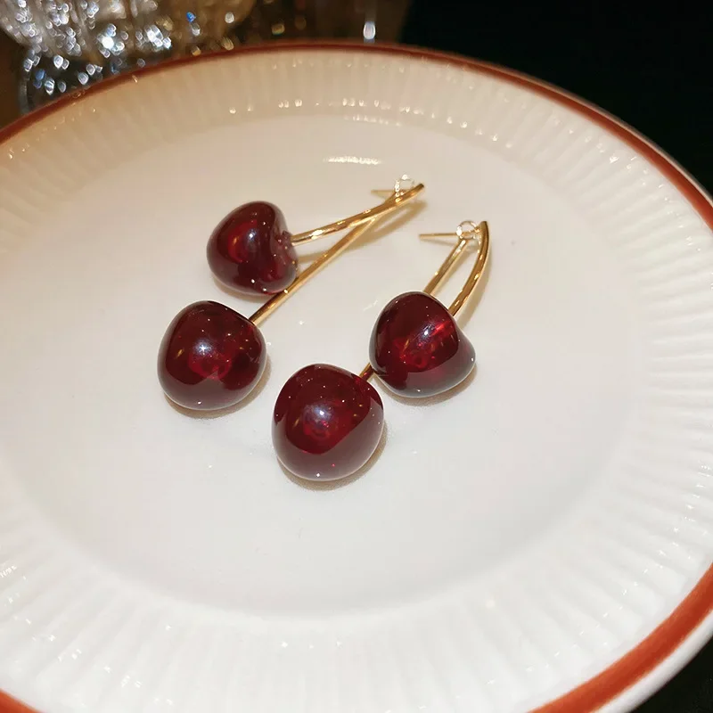 Fresh Sweet Double Red Cherry Earrings for Women Cute Fruit Drop Earrings Unique Design Wedding Party Ear Jewelry Gifts