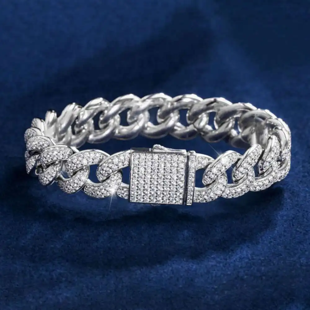 

Iced Out Hiphop Fine Jewelry 925 Silver 10mm Width 2 Rows Excellent Cut Diamond Moissanite Cuban Link Bracelet