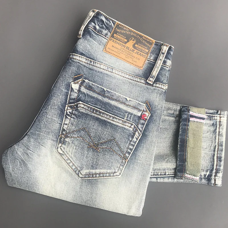 New Trendy Brand Jeans for Men Spring Autumn Slim Fit Small Feet Elastic Water Washed Retro Trendy Casual Long Pants