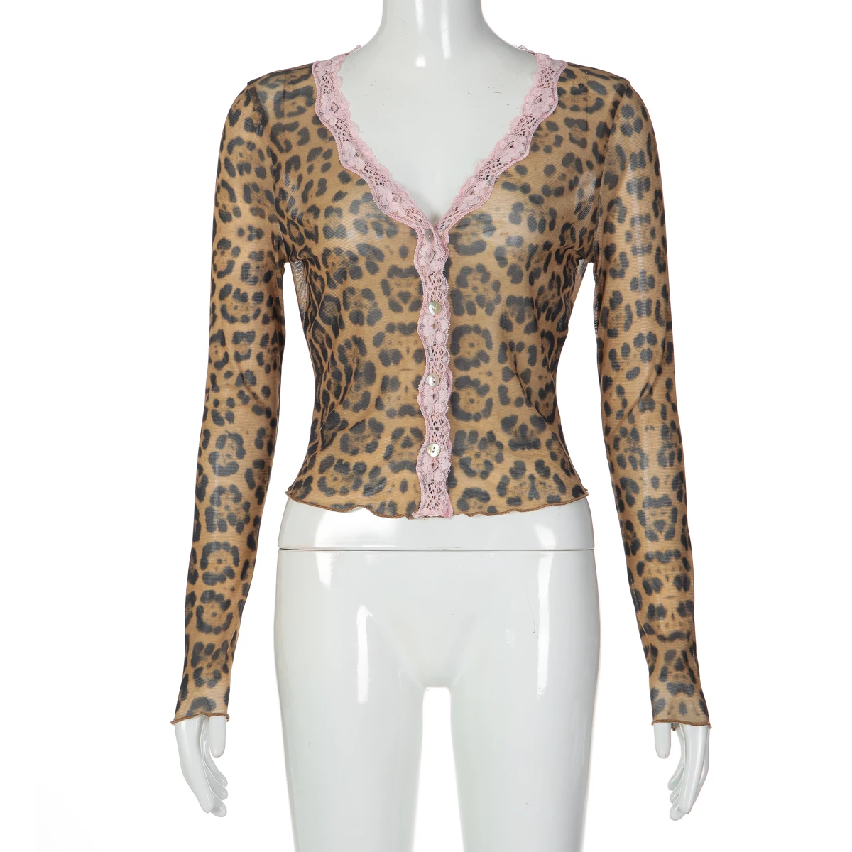 Hugcitar Fashion Leopardenmuster Patchwork Spitze Sexy Knöpfe Crop T-Shirt Top Herbst Damenkleidung Streetwear Party Club Y2K – Detail 2