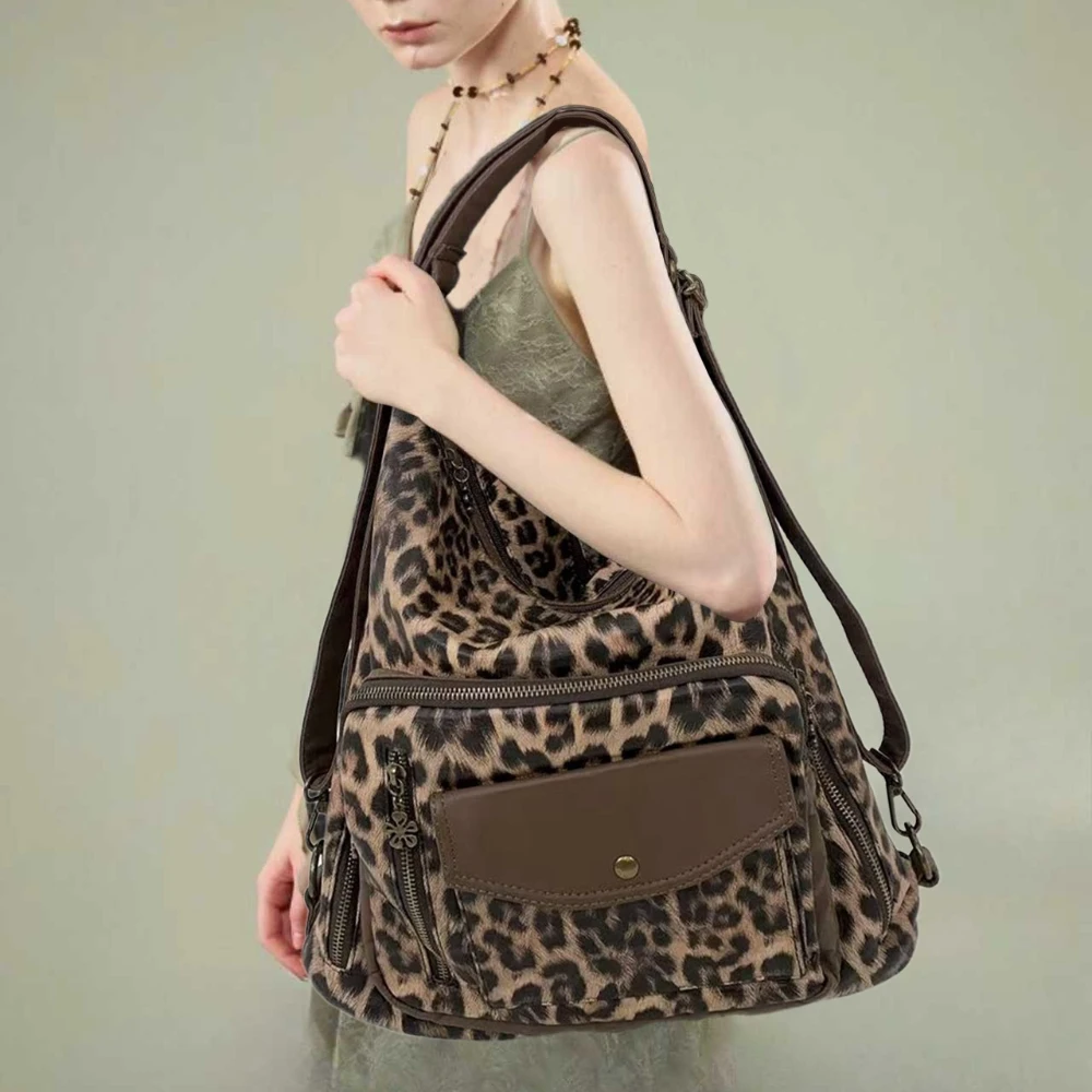 Ladies' fashionable multi pocket motorcycle shoulder bag with large capacity retro washed leopard print crossbody backpack - view 5