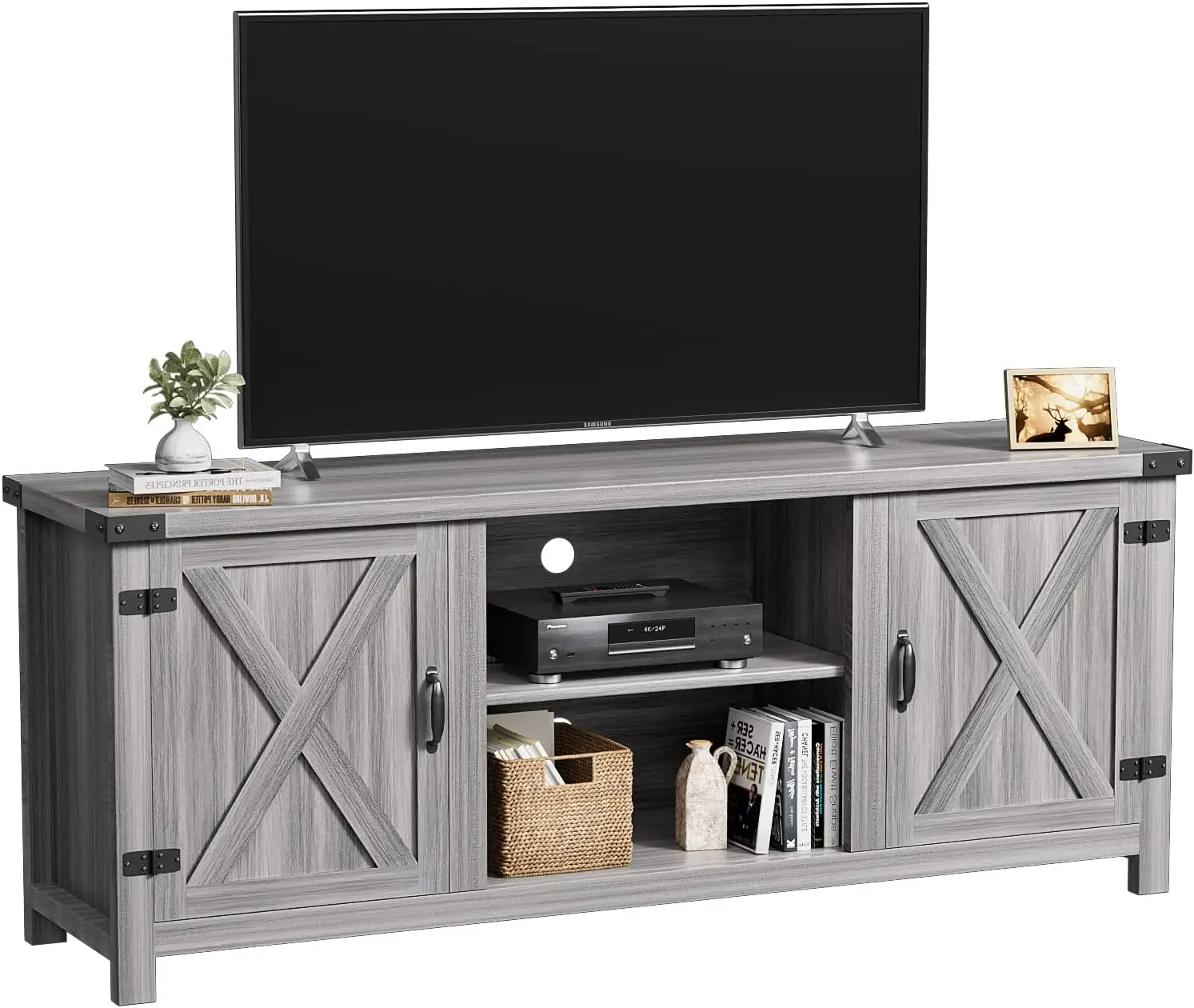 Farmhouse TV Stand com armários de armazenamento, mesa de console, 2 portas de celeiro, moderno, até 65 + Polegada