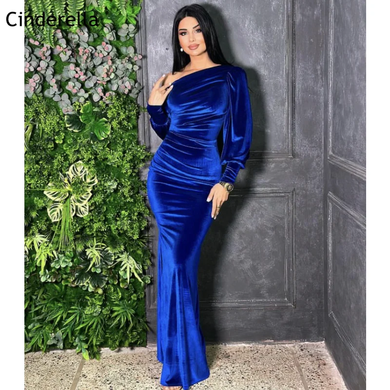 

Velour Prom Dresses Royal Blue Velvet Long Sleeves Velour Prom Dresses With Lace Up Back vestidos de fiesta de noche 2024 New