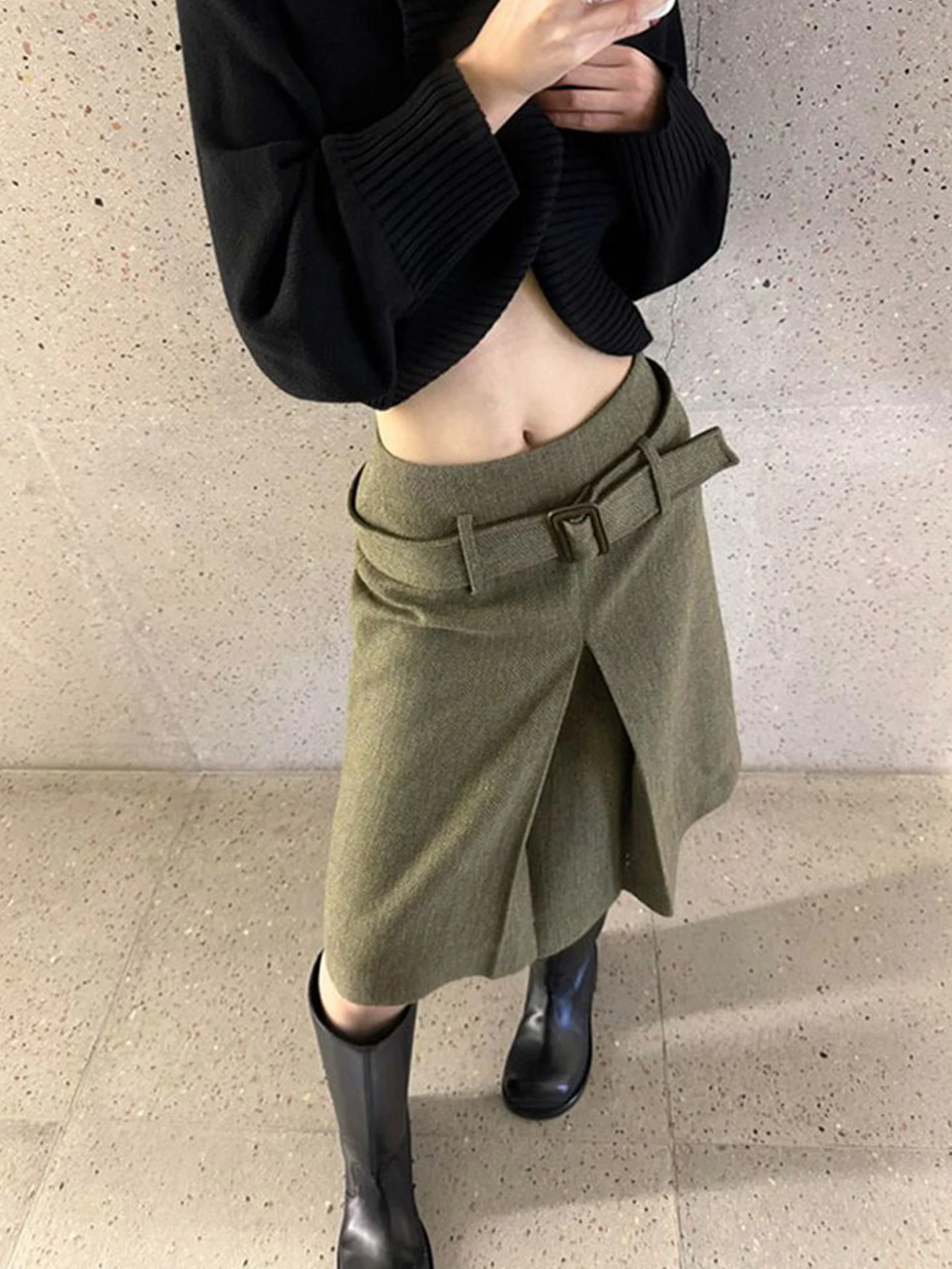 

Trendy Woolen A-Line Skirt Women's Faionable Versatile High Waist Belted Korean Sle f-length Skirt Youthful