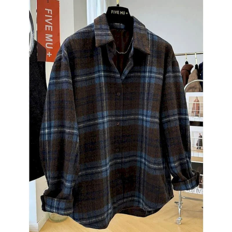 Shirts Coats for Women Vintage Plaid Polo-neck Plush Cardigans Long Sleeve Jackets Casual Mid-length Korean Style Women Clothes