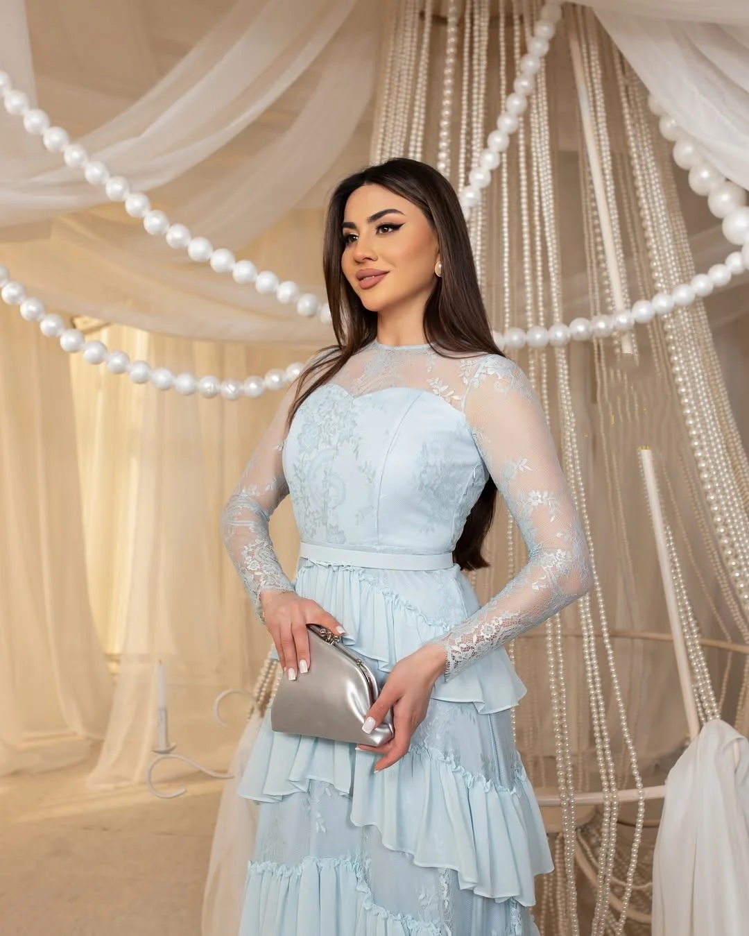 

Arabia Elegant Lace Trim Modren Belt Formal Occasion Gown Classic Cake Skirt A-Line Evening Dress Customized