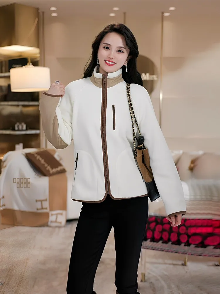 

Женская замшевая куртка с воротником-стойкой, повседневная, с контрастными вставками, весна-осень, ICL, приталенная, с длинными рукавами, из полиэстера