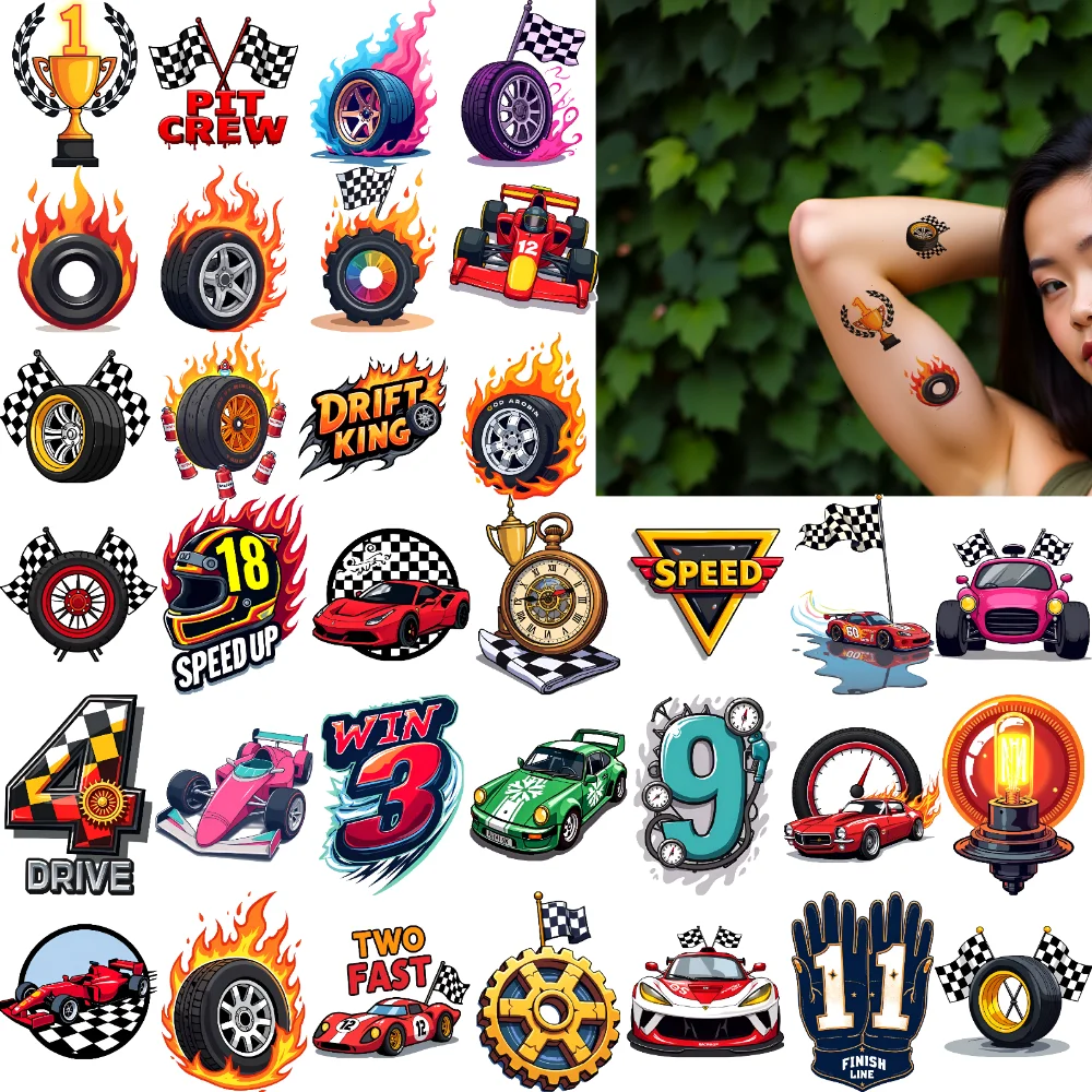 63 pièces tatouage temporaire voiture course autocollants temporaire tatouage autocollants vitesse autocollants dessin animé pour femmes hommes épaules