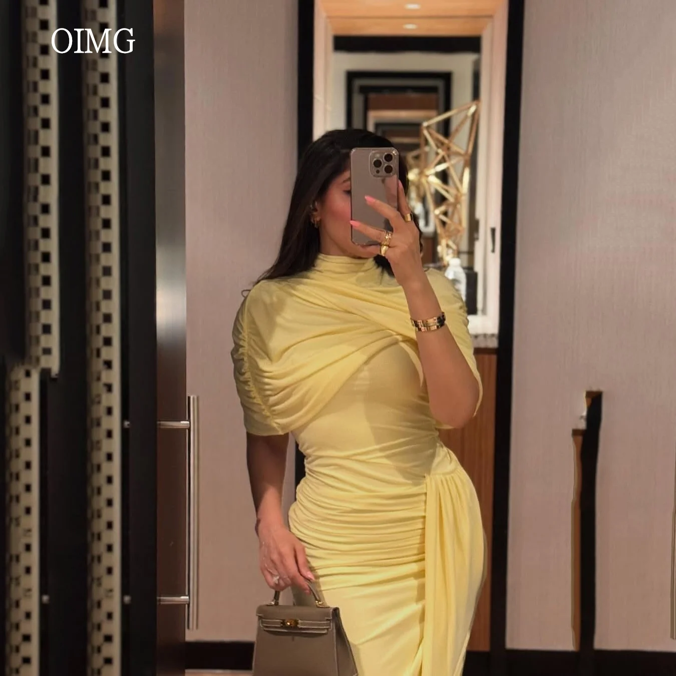 

OIMG Graceful Butter Yellow Mermaid Prom Gowns High Neck Party Gown Saudi Ankle Length Evening Dress Customized