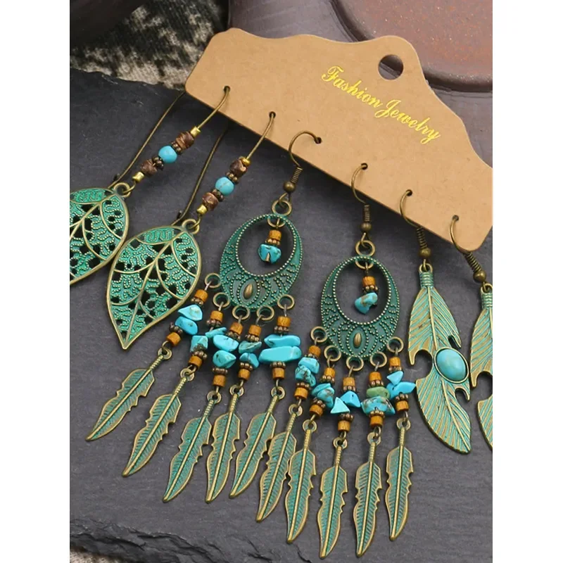 6 women\'s vintage tassel combination earrings set with bohemian style fake earrings