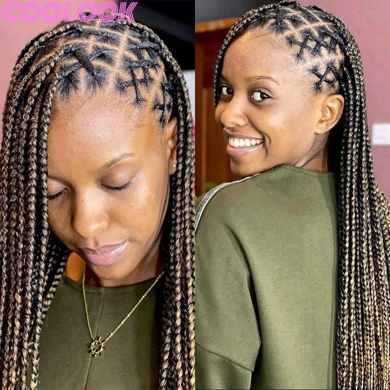 Synthetic Knotless Box Braids Lace Frontal Wigs 36'' Brown Criss Cross Distressed Braid Wigs Full Lace Braided Wig for Daily Use