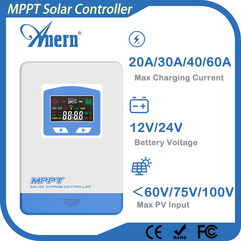 mppt controlador de carga solar carregador de bateria auto max pv entrada 60vdc 100vdc lcd regulador solar 12v 24v 20a 30a 40a novo anern 01