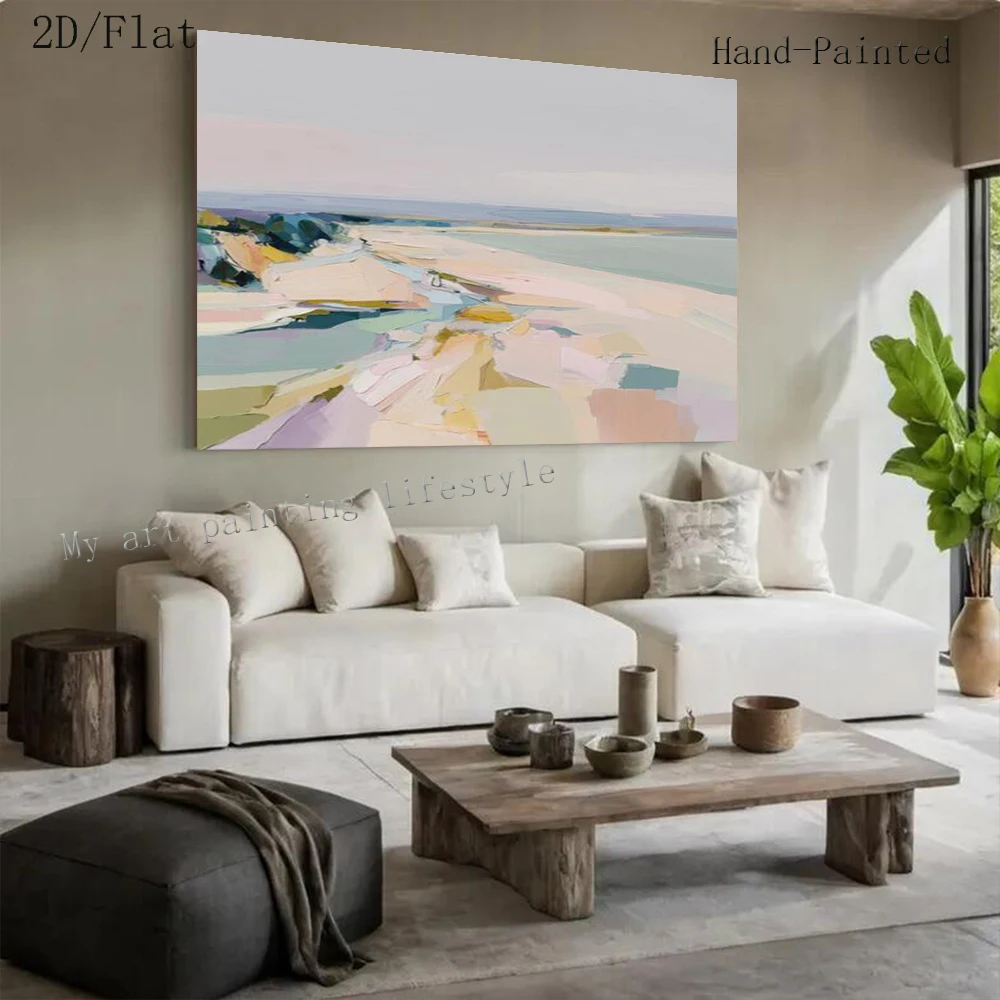 100% Hand Drawn Abstract Oil Painting Colorful Coastal Landscape Wall Art Picture Ins Original Mural for Home Living Room Decor