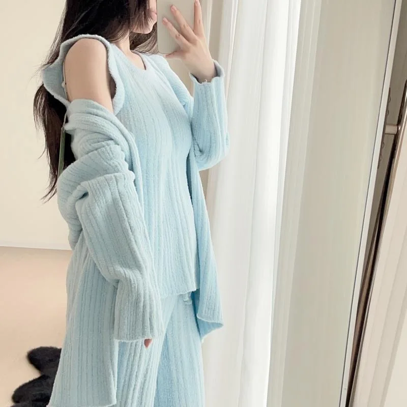 3 Piece Fuzzy Pajama Set Cardigan Ruffle Tank Tops Long Pants Soft Ladies Winter Fluffy Women Warm Sleepwear Lounge Set