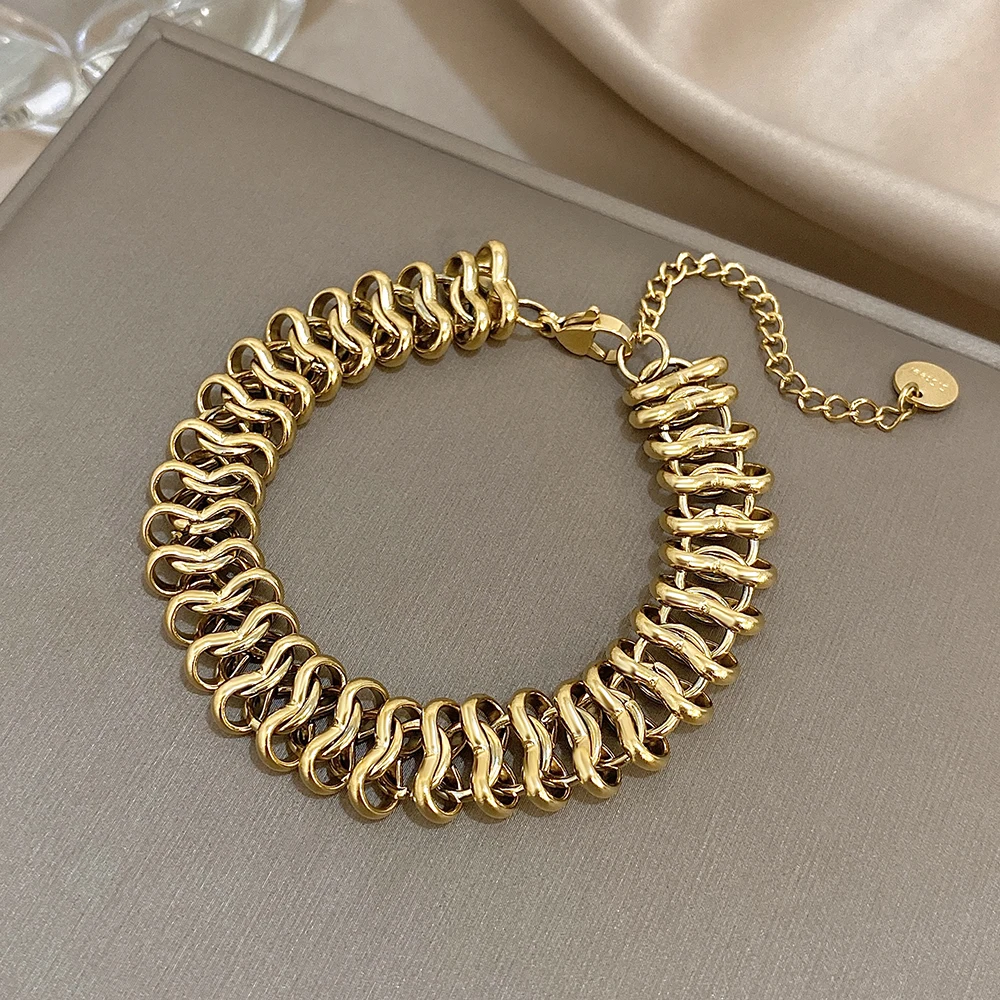 Vintage Chunky Chic Geometric Shaped Multilayer Stainless Steel Unique Bracelet Statement Golden Thick Chain Fashion Jewlery
