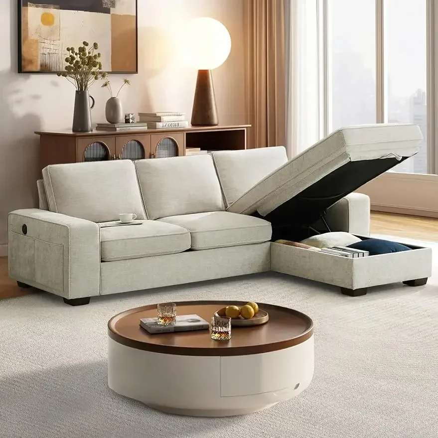 

Современный удобный диван из синели с двусторонним шезлонгом для спальни, диван с глубоким сиденьем и съемным чехлом (бежевый)