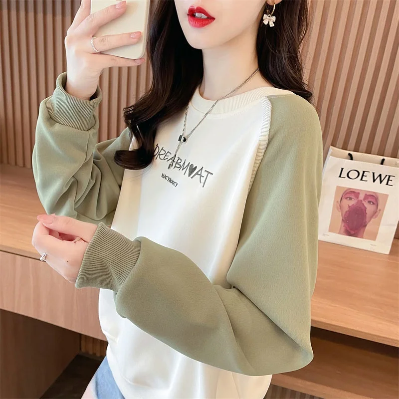 

Spring Autumn Short Loose Women's Sweatshirt Long Sleeve Color Block Korean Style Outerwear Comfortable Cotton Polyester Blend