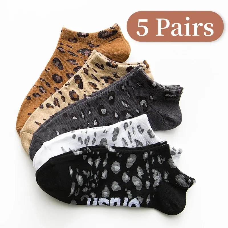 

5 Pairs of Women's Seasonal Fashionable and Trendy Leopard Print Cotton Sweat-absorbing and Comfortable Sports Low Top Socks