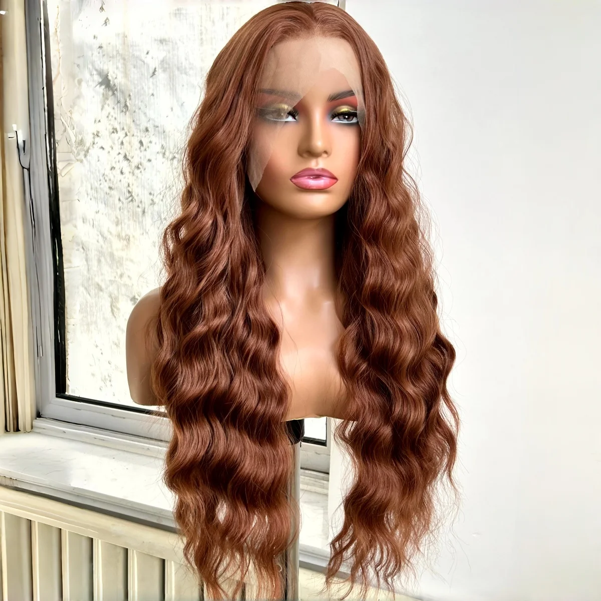 Long Brown Wave Wig for Women Synthetic Hair Middle Part Loose Curly Natural Auburn Colored Heat Resistant Fiber Wigs for Women