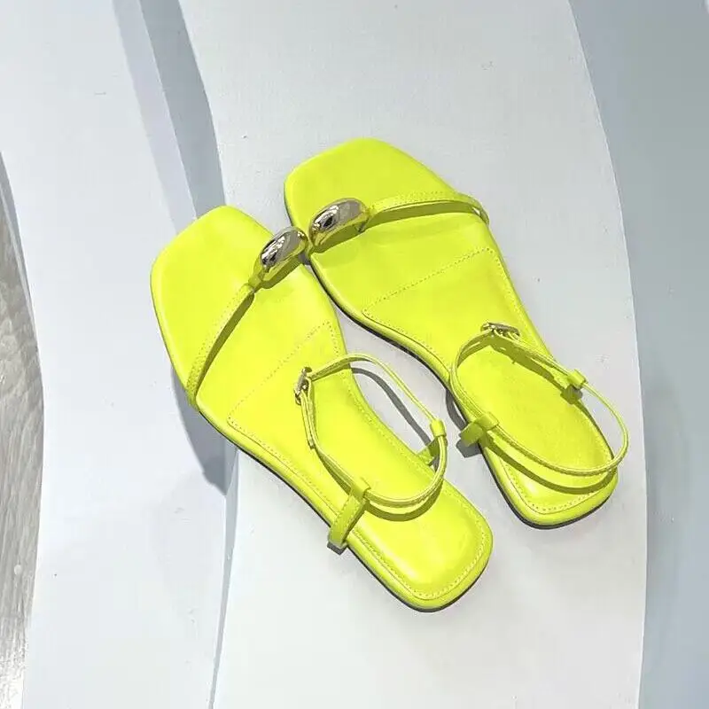 Donegirl 2023 New Women Fashion Summer Square Head Metal Decoration Fine Ribbon Flat Sandals Simple Female Beach Shoes Chic