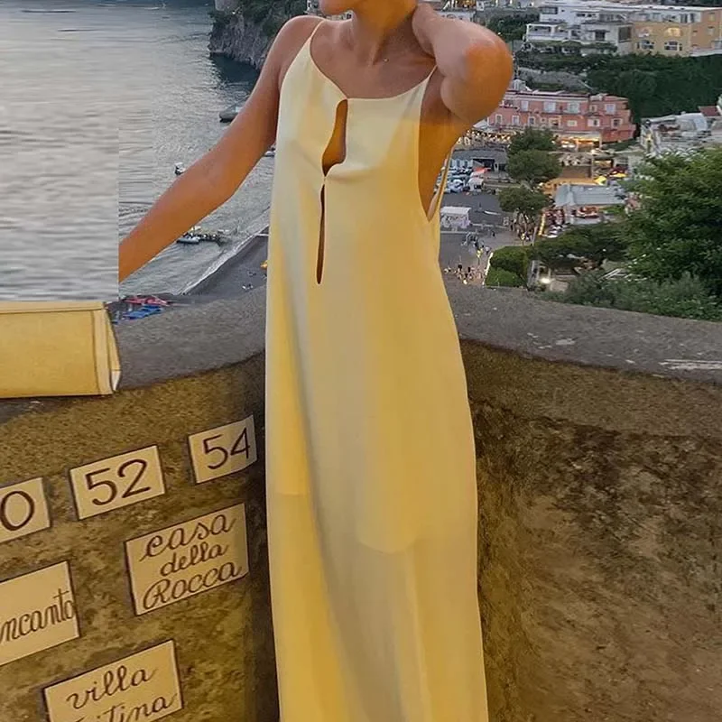 

Ladies Sexy Backless Party Maxi Dress Simple Solid Color O-neck Sleeveless Camisole Dress New Summer Hollow Out Loose Long Dress