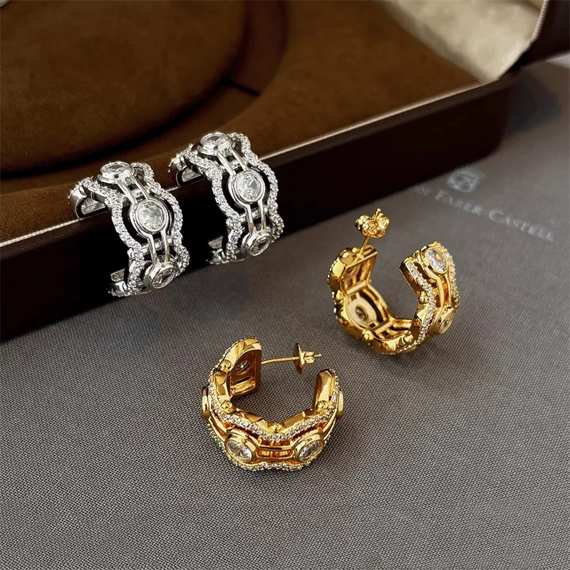 

Французские металлические круглые серьги с цирконом для женщин, изысканные блестящие модные серьги OL на каждый день, универсальные ювелирные аксессуары, подарки