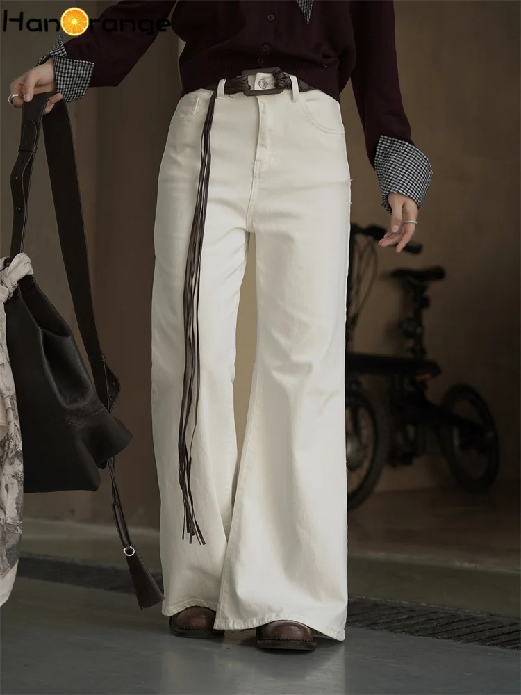 

HanOrange 2025 Autumn Fashion Simple Micro Flare Jeans Women with Rope Belt Wide Leg Denim Pants Milky White