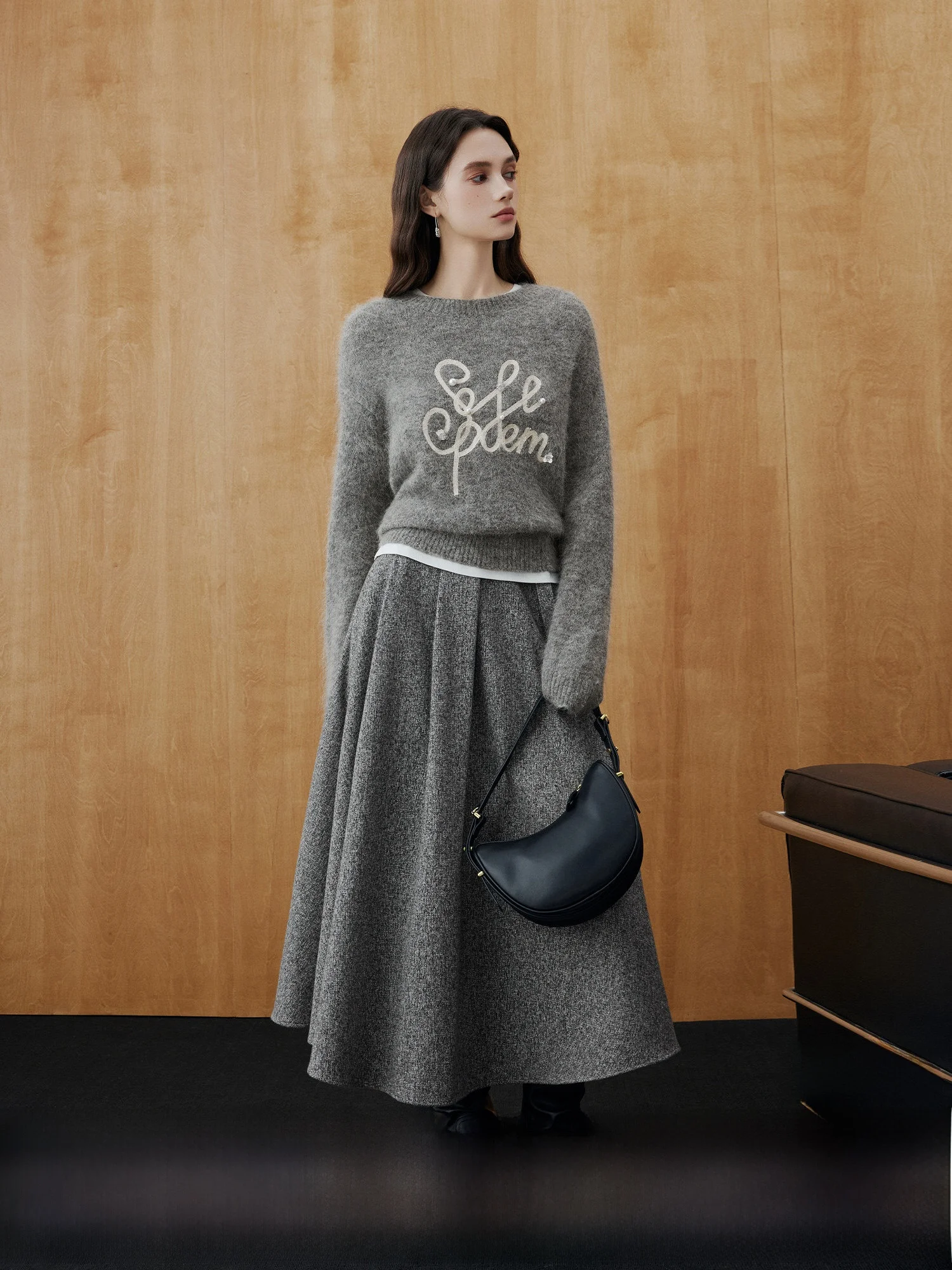 Fashionable Grey Asymmetrical Pleated A-Line  Skirt for Women Casual High Waist Polyester Fiber City Commute Skirt