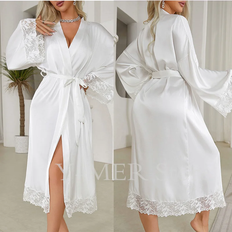 Women Robe Long Elegant Kimono Bathrobe Bride Wedding Gift Dress Lace Patchwork Nightgown Lady Loose Homewear Intimate Lingerie