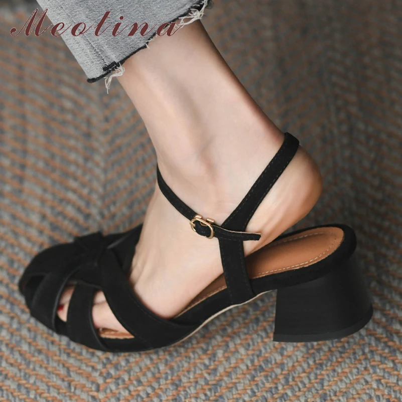 Meotina Women Genuine Leather Round Toe Sandals Thick Mid Heel Narrow Band Buckle Ladies Fashion Casual Shoes Summer Spring