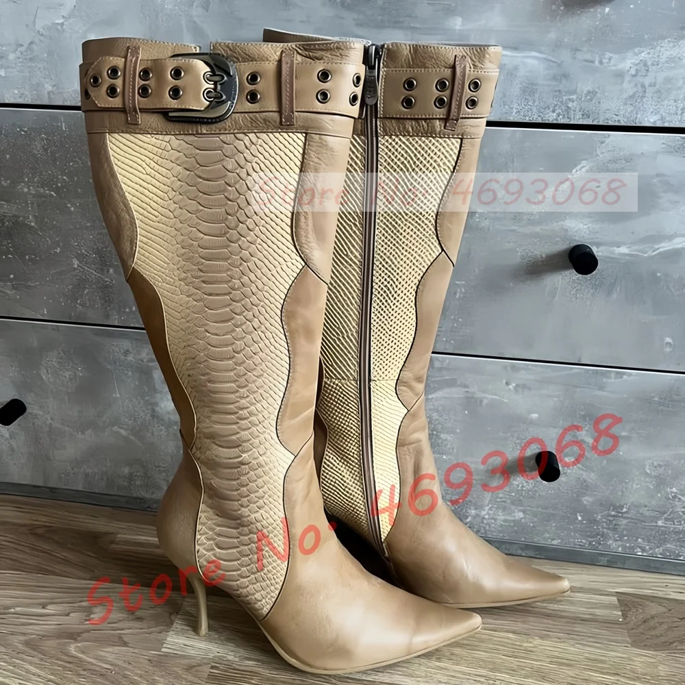 Apricot Snake Print Leather Knee High Boots Women Sexy Buckle Strap Stiletto High Heels Ladies Side Zipper Wavy Leather Boots
