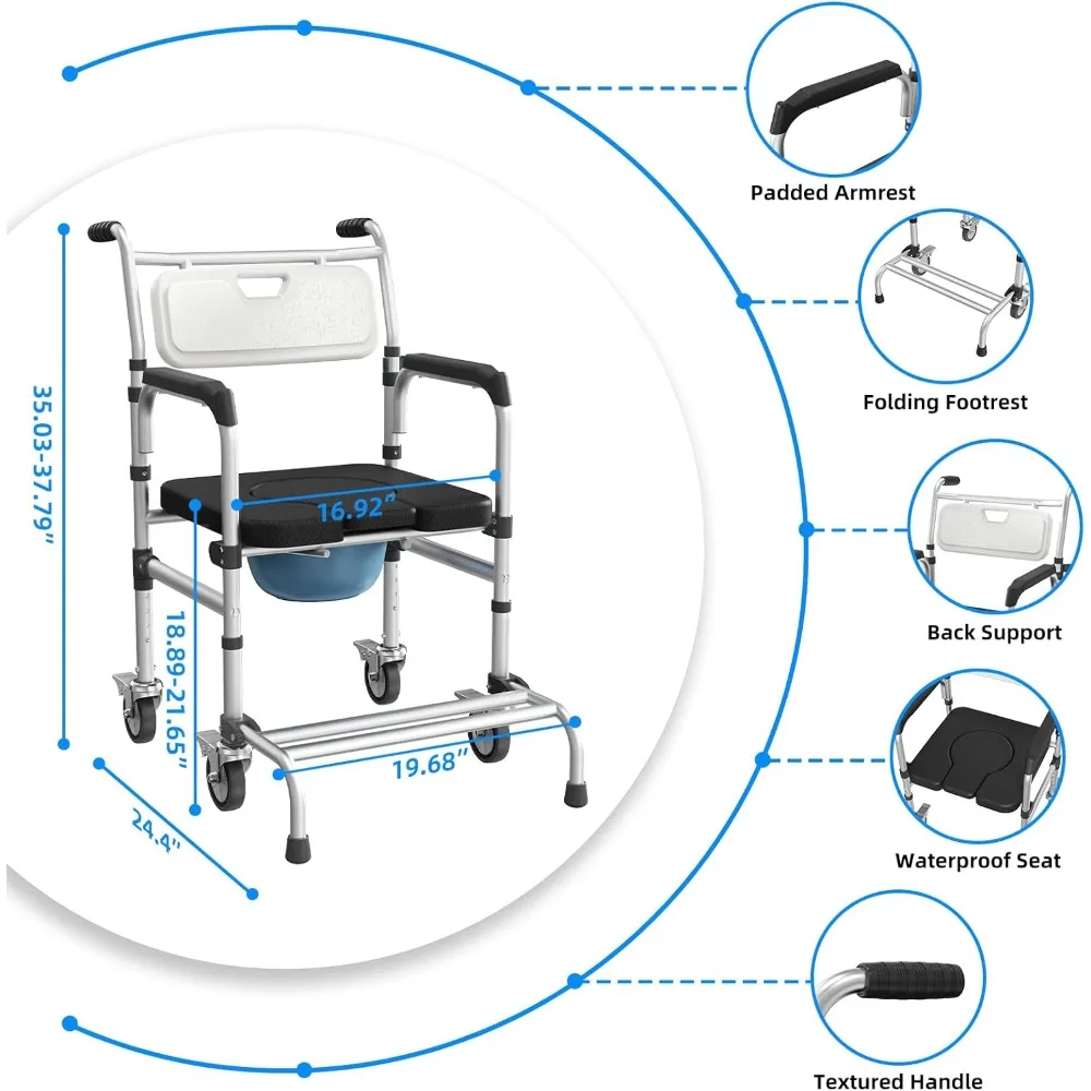 Health & Household 4 in 1 Rolling Bedside Commode Chair with Wheels for Elderly, Shower Chair with Handles
