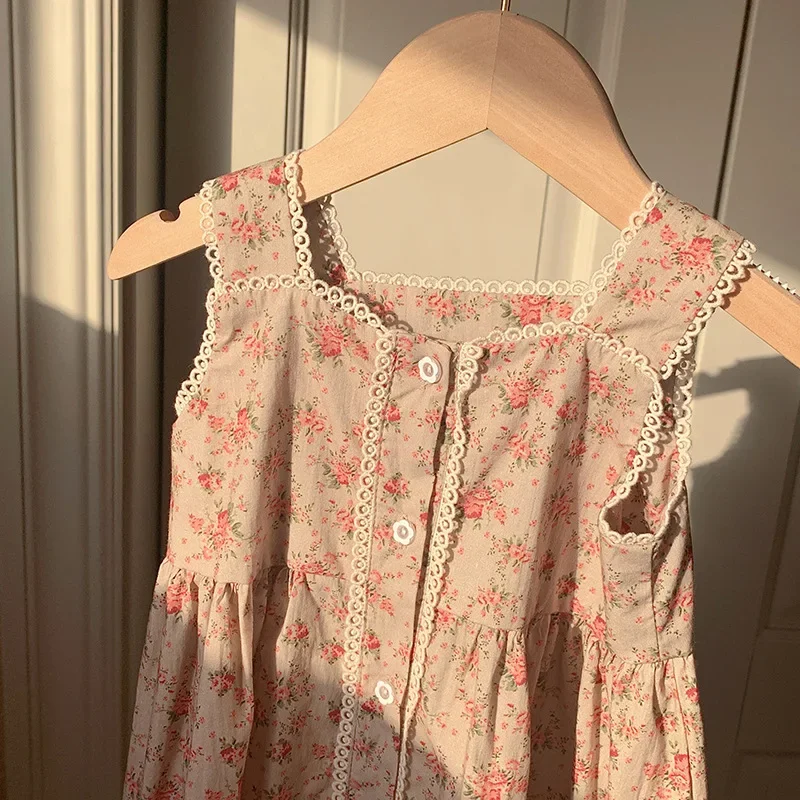 Retro Lace Lace Girls' Dress Summer Sleeveless Floral Vest Skirt