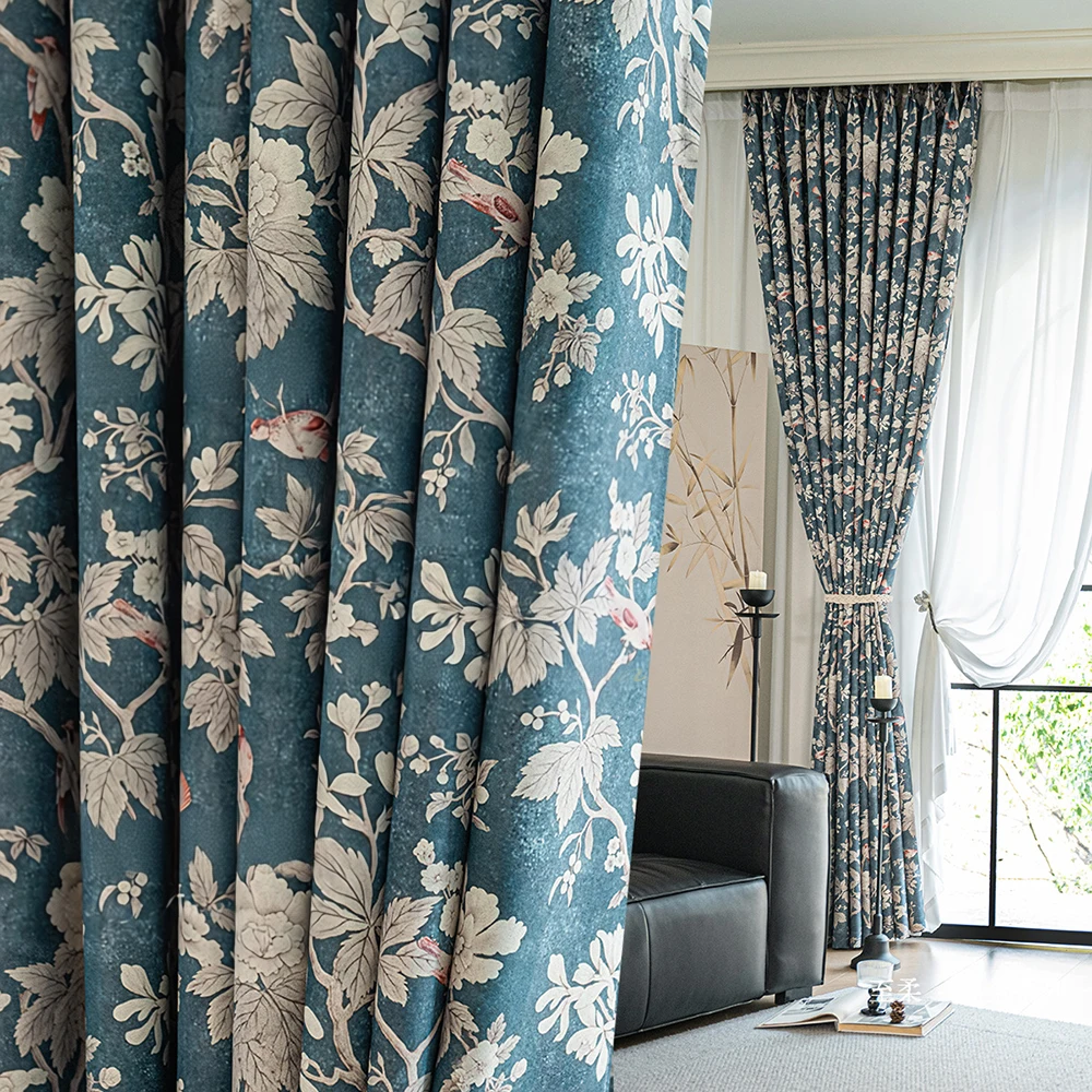 Floral Print Curtains, Full Light Blocking French Style Rose Design, Soft Chenille Material, Bedroom and Living Room Decor