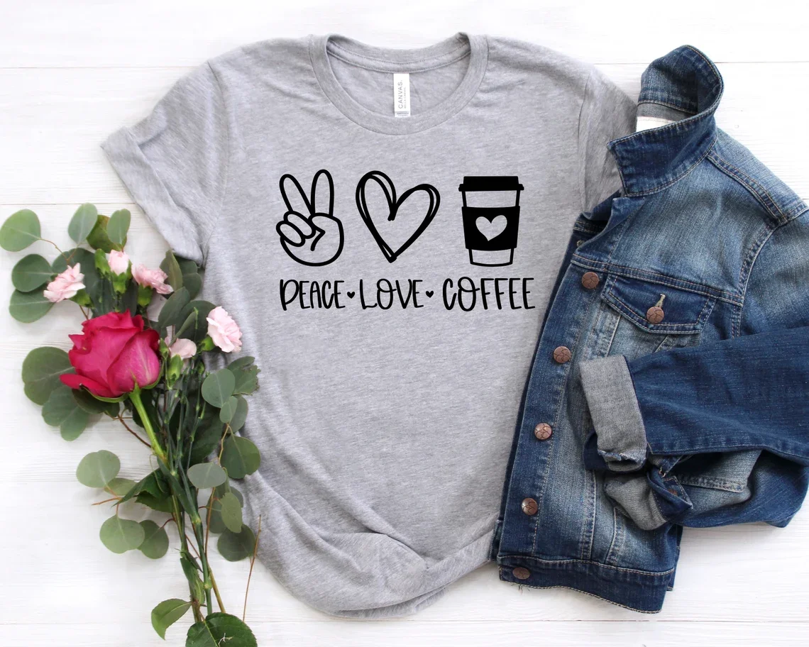 Sugarbaby Peace Love Coffee T-Shirt Coffee Lover Shirt Brunch Women's Coffee Shirt Funny Coffee Cotton tshirts Drop Shipping