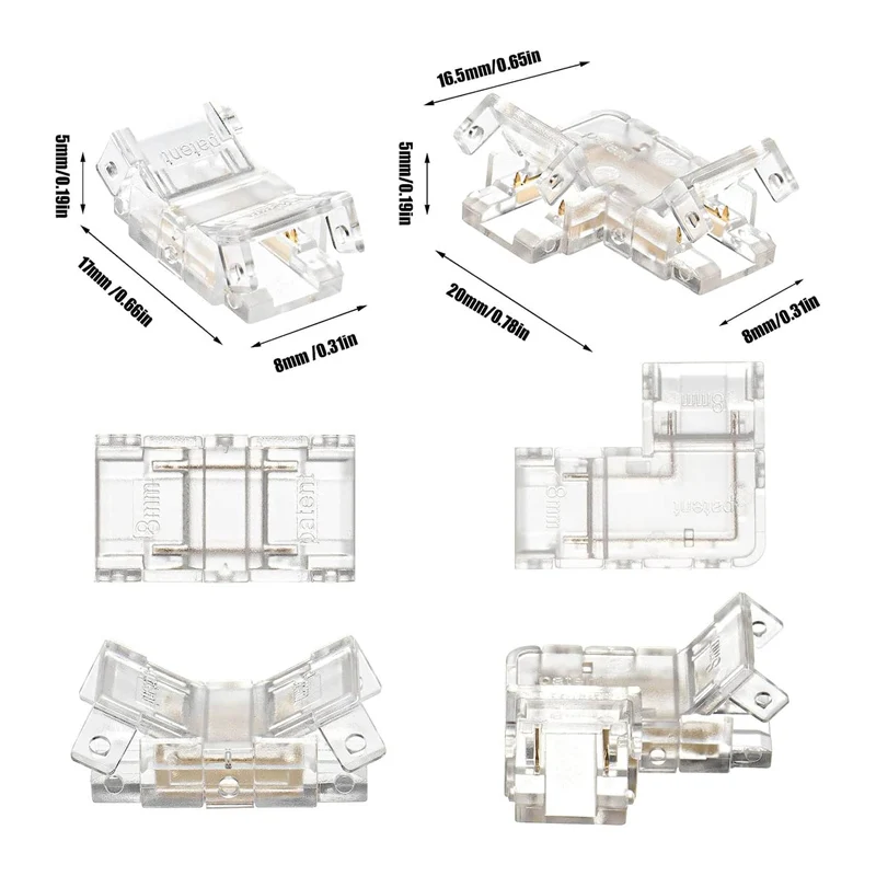 8mm Wide LED Strip Connector Kit, 2pin L-Shaped COB LED Connectors and 8mm 2pin COB LED Strip to Strip Connections No Soldering