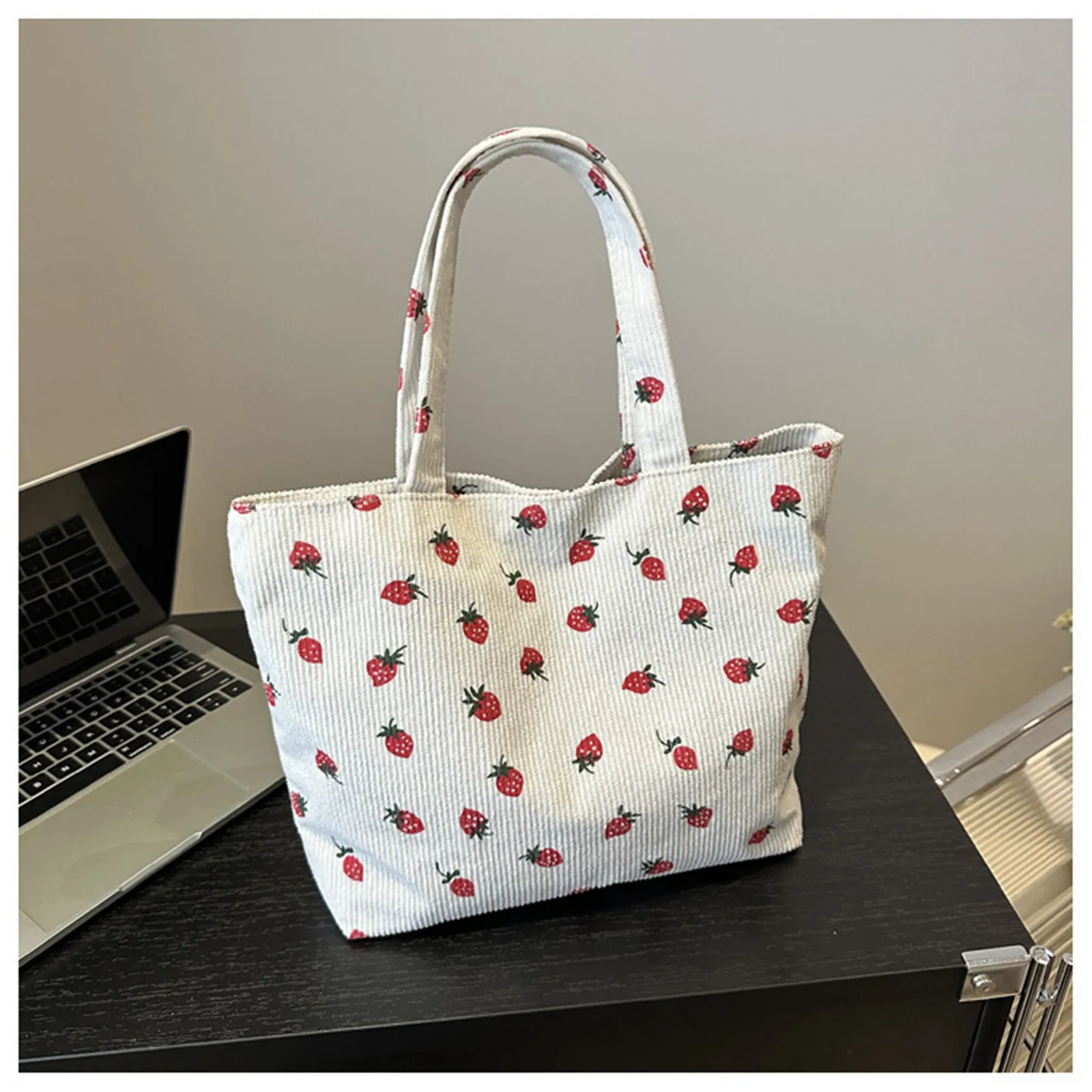 New Strawberry Print Women Shoulder Bag New Corduroy Large capacity Shopping Bag Travel Solid Color Handbag Versatile Tote Bag