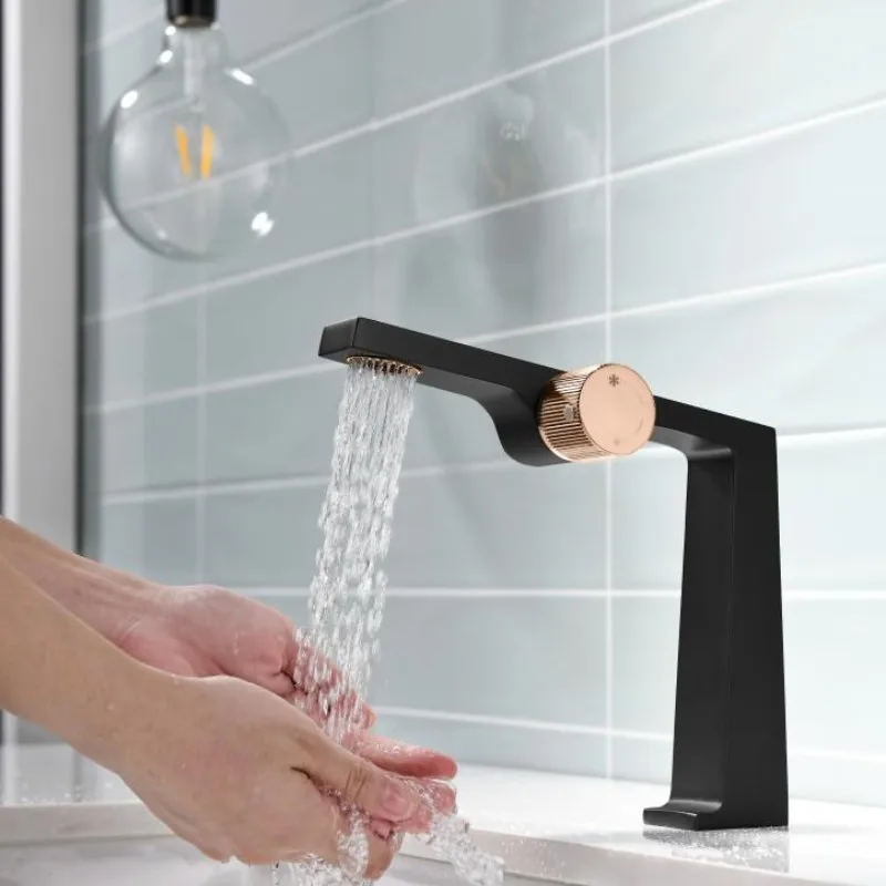 

Tuqiu Bathroom Basin Faucet Deck Mounted Black Rose Gold sink tap Hot and Cold Unique Design Basin Tap Brass Material