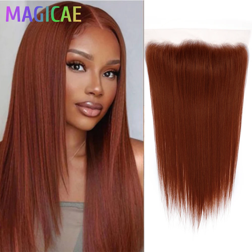 

Magicae 13X4 Lace Frontal Straight Orange Brown Cooper Nature Black Closure Synthetic Heat Resistant Pre-Plucked Transparent