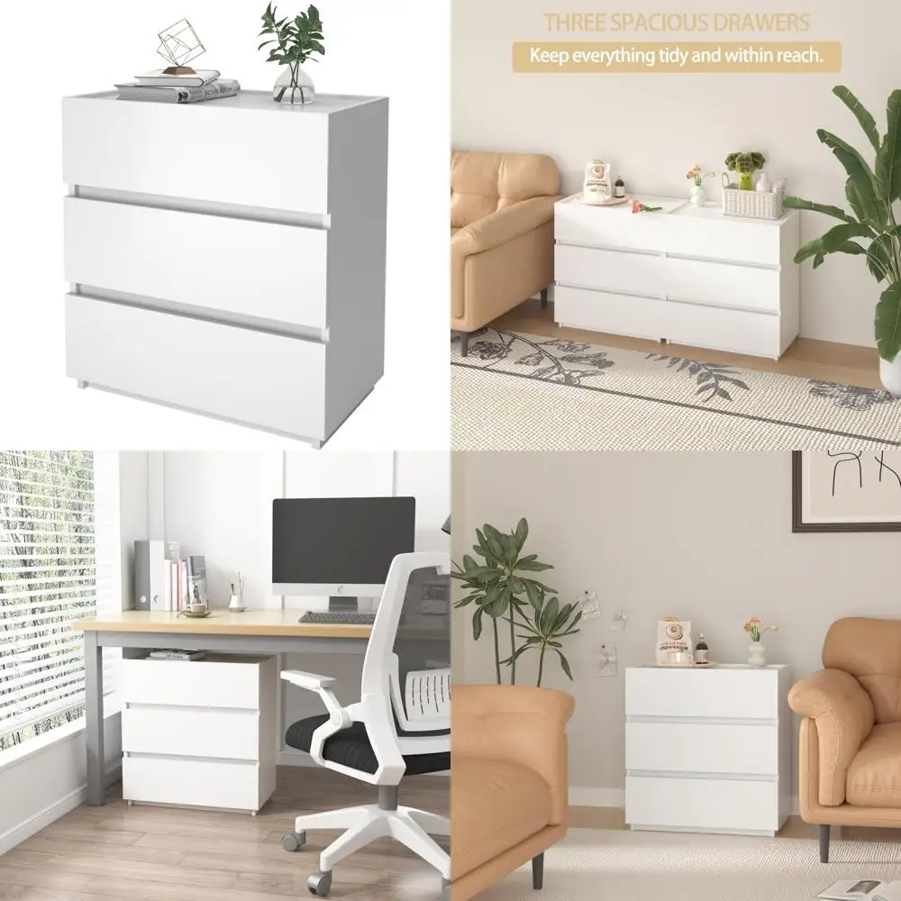 Bedroom Wooden Dresser with 3 Wide Drawers, Nightstand Storage, White Closet Dresser by Li