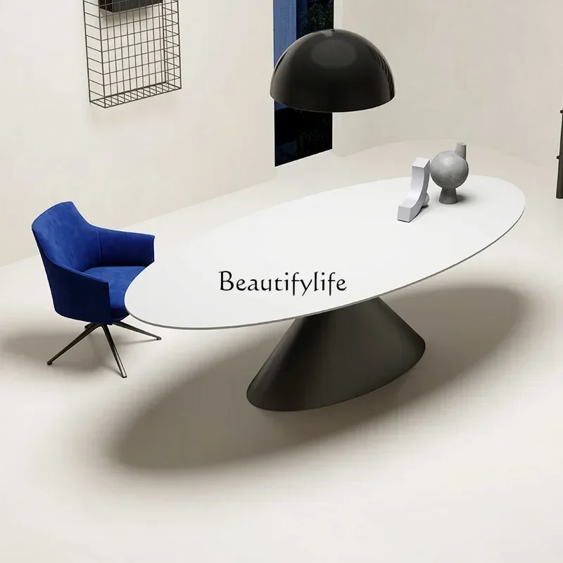 

Italian minimalist rock slab dining table high-end large flat-floor villa oval rock slab dining table