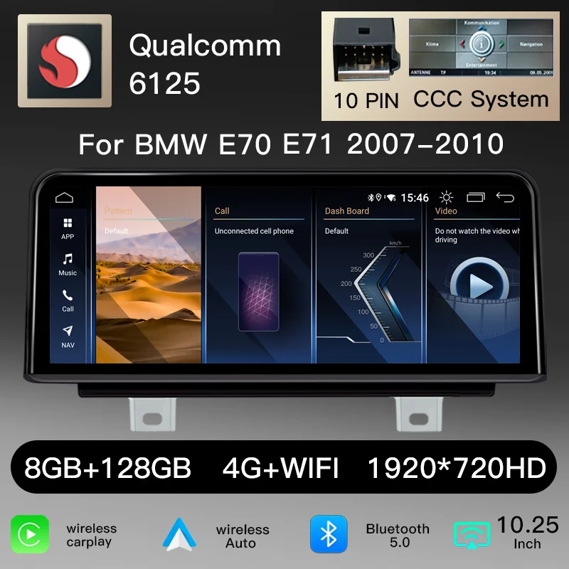 10,25" 1920*720 Android 14 Draadloze Carplay Autoradio voor BMW X5 E70 X6 E71 LHD 2007-2010 CCC CIC Multimedia Speler Scherm 4G WiFi GPS BT Stereo Head Unit
