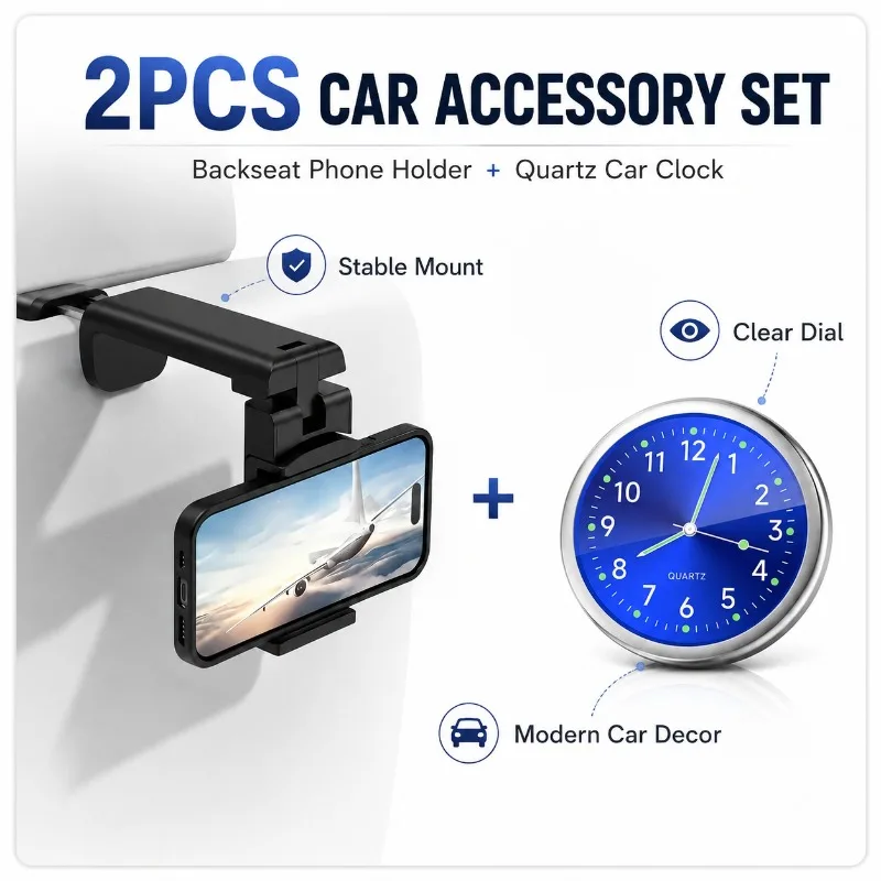 2Pcs Adjustable Car Backseat Phone Holder + Mini Luminous Quartz Car Clock Universal Car Rear Seat Mobile Stand Auto Decor Watch