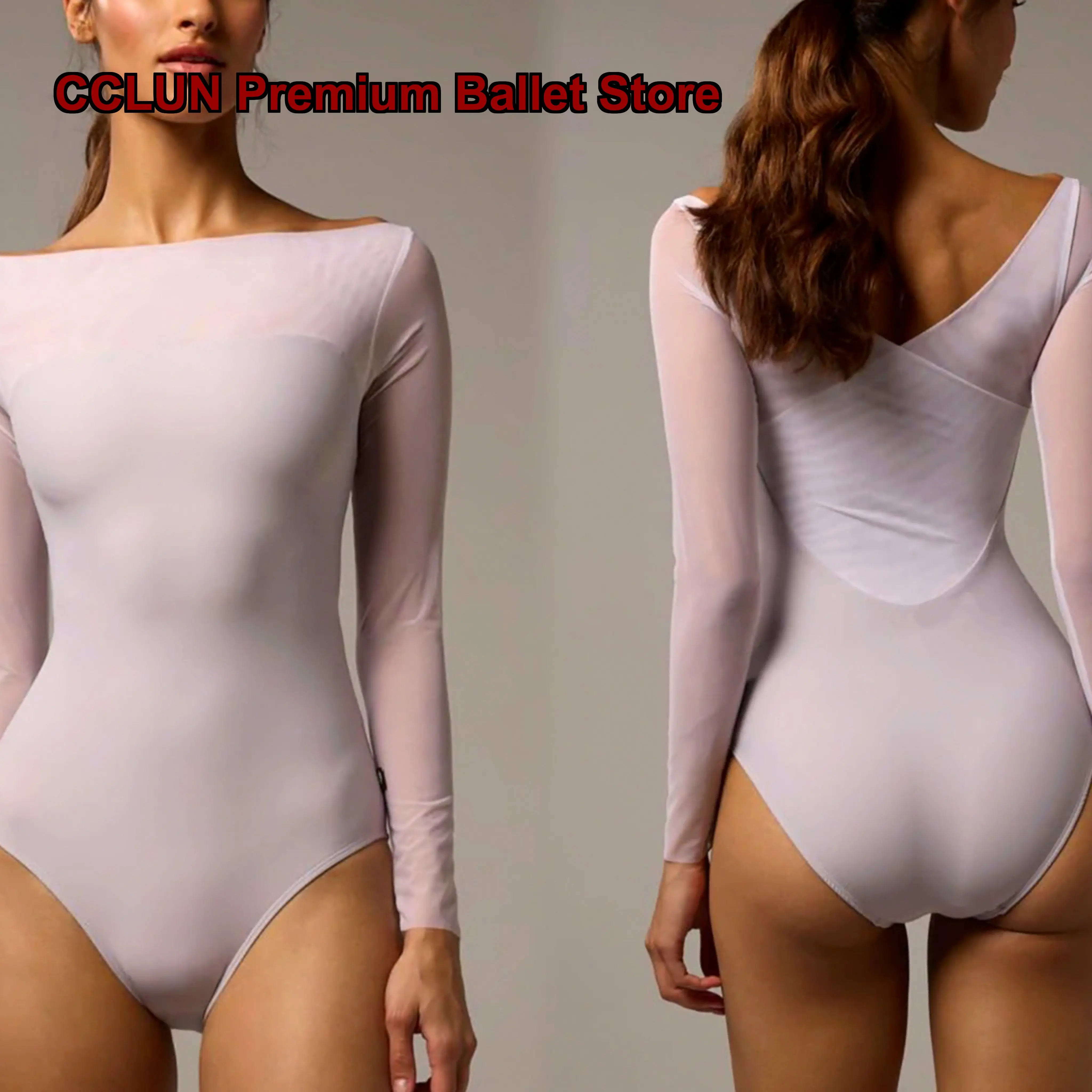 Women's Adult Dance Practice Mesh Long Sleeve Tight Bodysuit with Insertable Cups for Aerial Yoga Long Sleeves